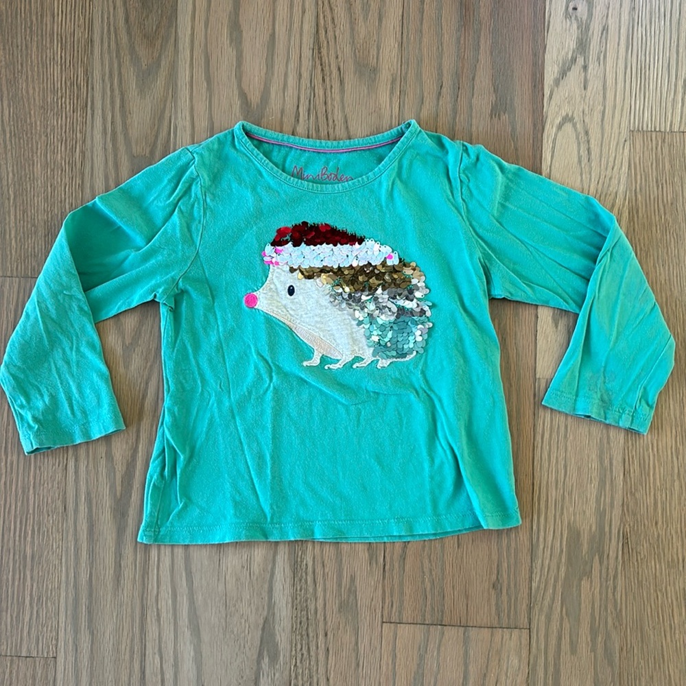 Mini Boden Teal Long Sleeve Top with Sequin Hedgehog
